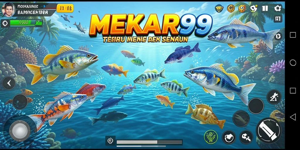 Tampilan gameplay seru di MEKAR99 dengan banyak ikan.