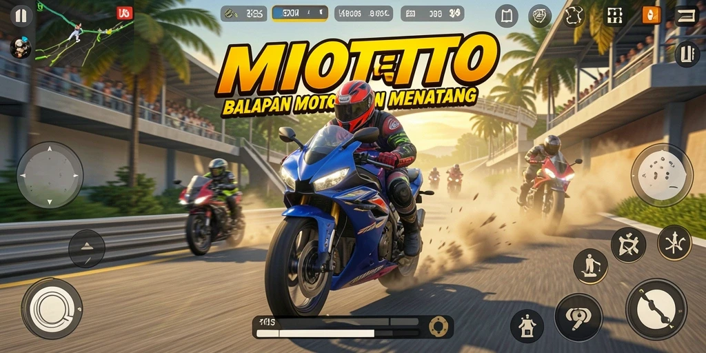 Tampilan gameplay MIOTOTO yang mendebarkan dan penuh aksi balapan motor.