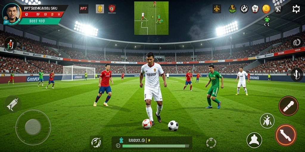 Tampilan gameplay seru di lapangan sepak bola.