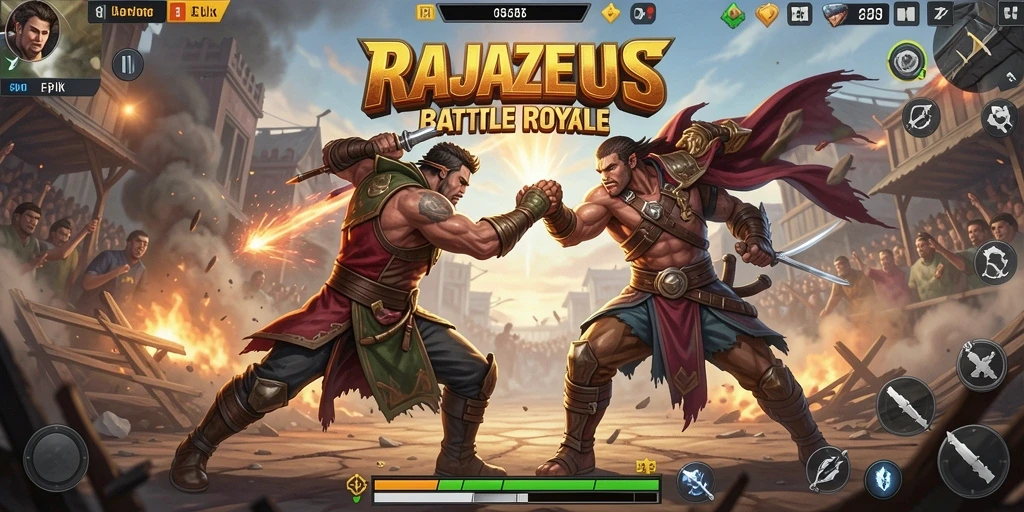 Screenshot gameplay RAJAZEUS yang menunjukkan aksi bertarung yang intens.