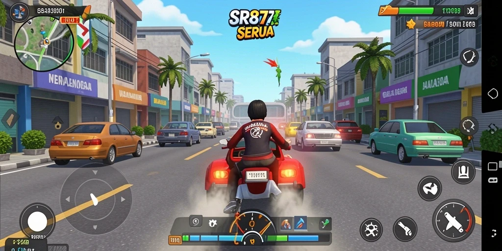 Screenshot gameplay SR877 menampilkan aksi balapan yang intens dan kendaraan yang megah.