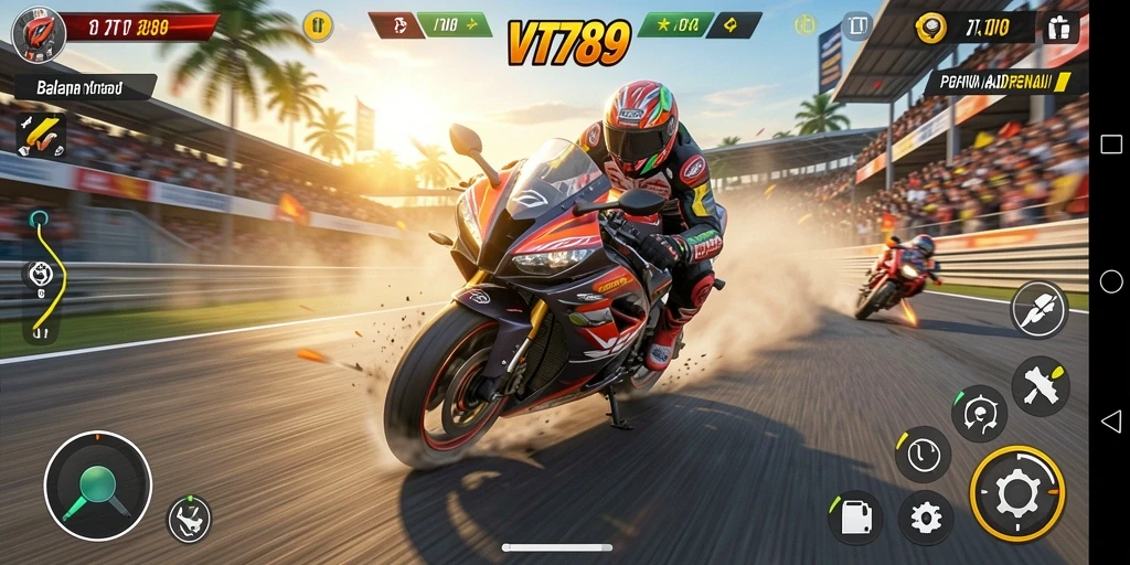 Tampilan gameplay seru dalam balapan motor VT789.