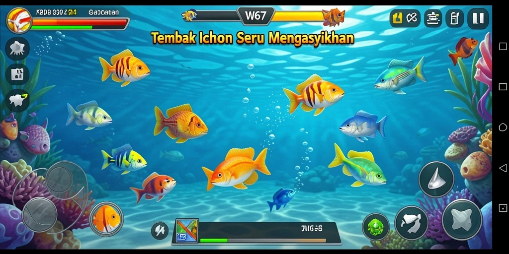 Screenshot menunjukkan aksi menangkap ikan yang seru di W67.